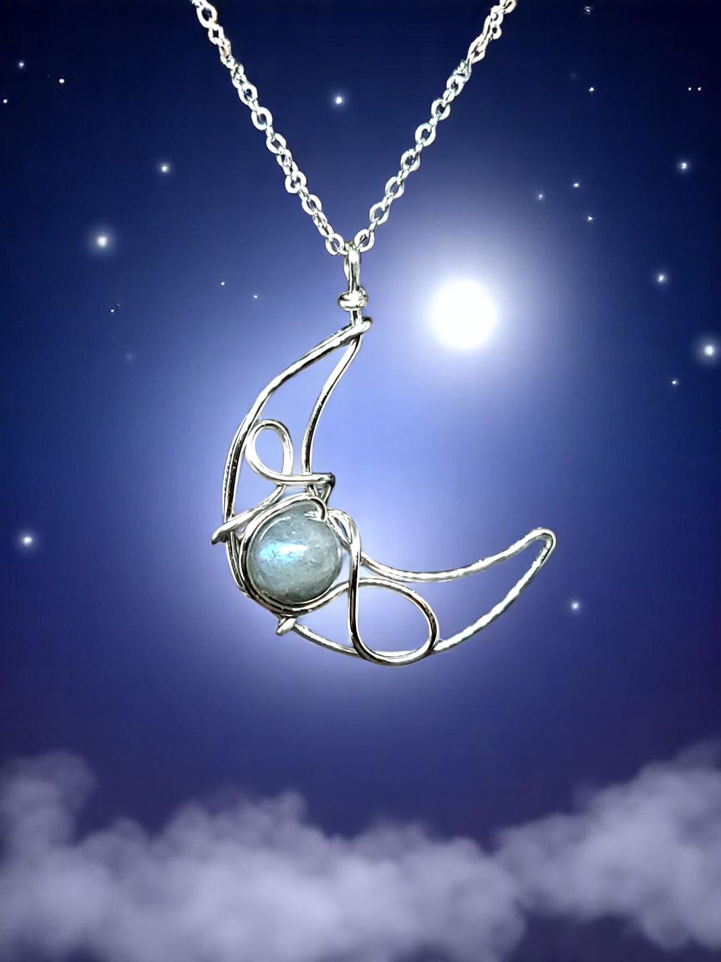 Labradorite Wire Moon Necklace